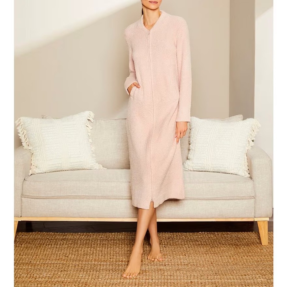 Barefoot Dreams CozyChic V-Neck Zip Front Robe Size XXS/XS Dusty Rose White NEW.